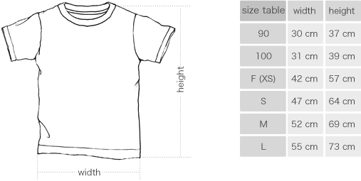 Shikisai t-shirts size table