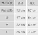 ティーシャツのサイズ表